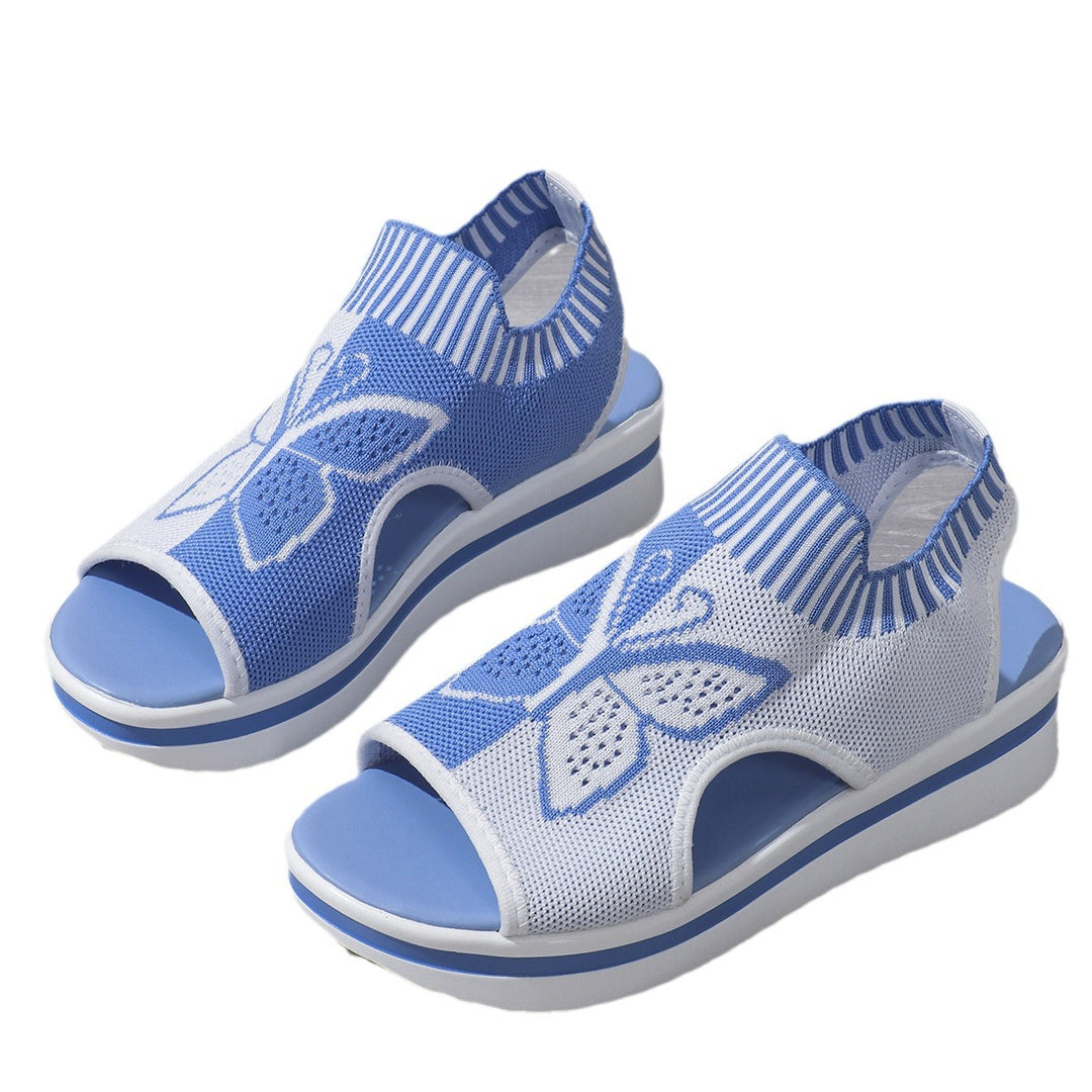 Damen Strick-Sandaletten mit Keilsohle und Schmetterlings-Motiv Shop Nory