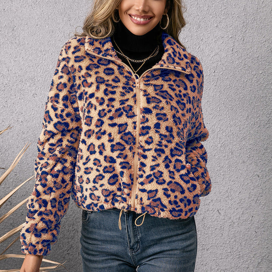 Damen Fleecejacke mit Leoparddruck und seitlichen Taschen