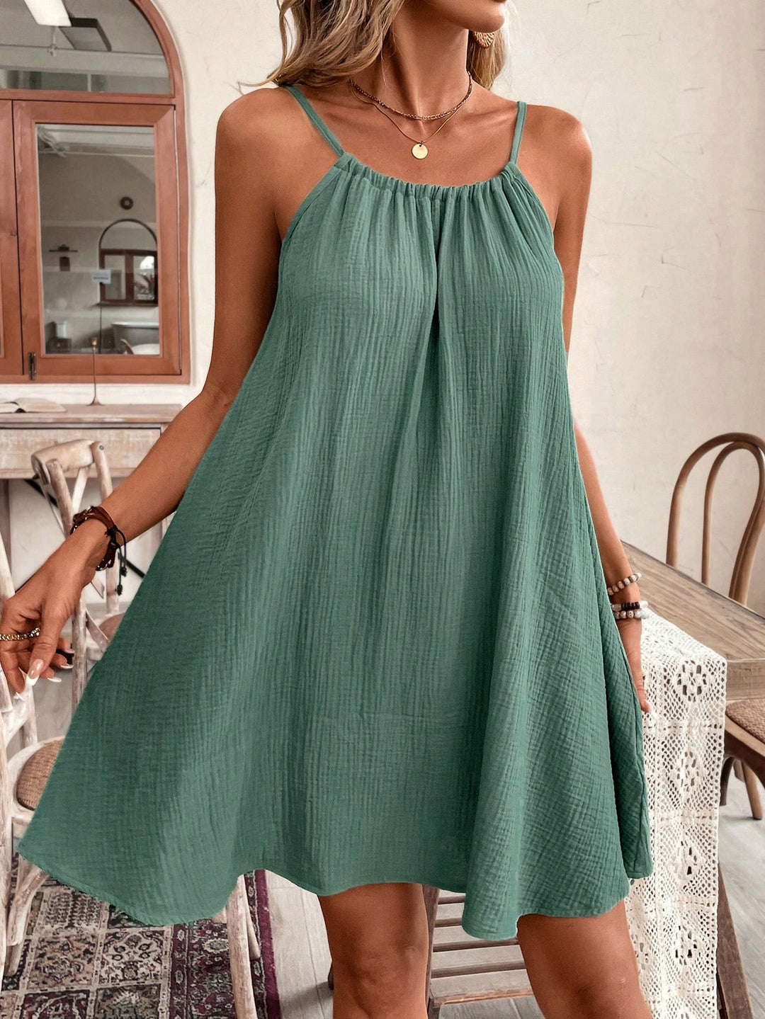 Damen Lockeres Baumwoll‑Gauze‑Trägerkleid mit gerafftem Ausschnitt und A‑Linien‑Silhouette Shop Nory