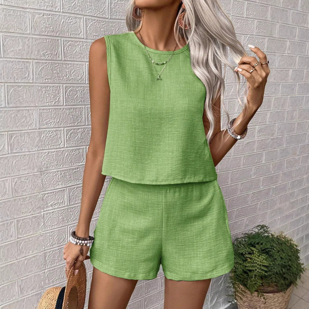 Damen Zweiteiliges Leichtes Leinen-Set mit Ärmellosem Crop-Top und taillenhohen Shorts Shop Nory