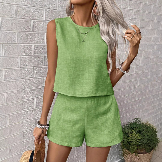 Damen Zweiteiliges Leichtes Leinen-Set mit Ärmellosem Crop-Top und taillenhohen Shorts Shop Nory