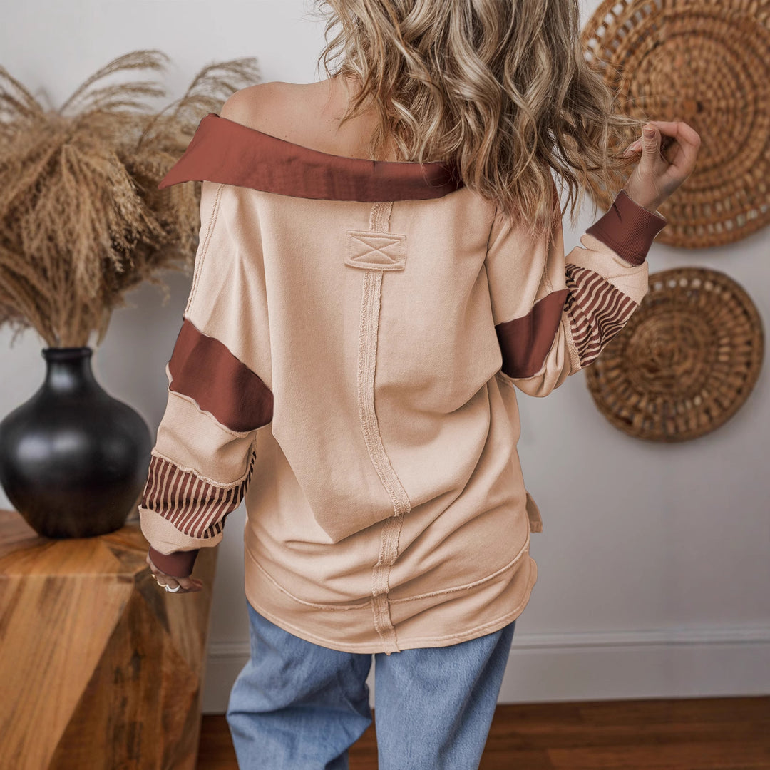 Damen Oversize Sweatshirt mit V-Ausschnitt, gestreiften Ärmelaufsätzen und Kontrastdetails Shop Nory