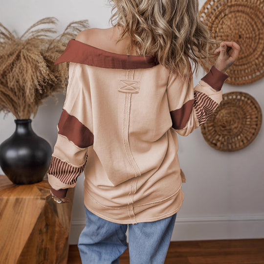 Damen Oversize Sweatshirt mit V-Ausschnitt, gestreiften Ärmelaufsätzen und Kontrastdetails Shop Nory