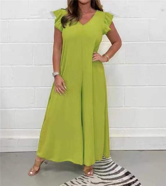 Damen luftiger Jumpsuit mit weit geschnittenem Bein und V-Ausschnitt
