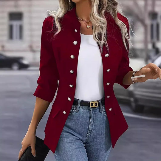Damen nan taillierter Longblazer mit Stehkragen, dekorativer Metallknopfleiste und 3/4-Ärmeln Shop Nory