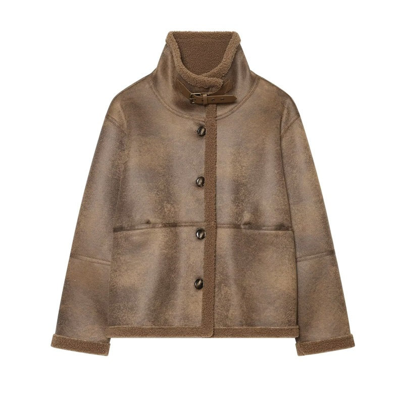 Damen Kurzjacke in Lammfelloptik mit Stehkragen, Knopf- und Schnallenverschluss Shop Nory