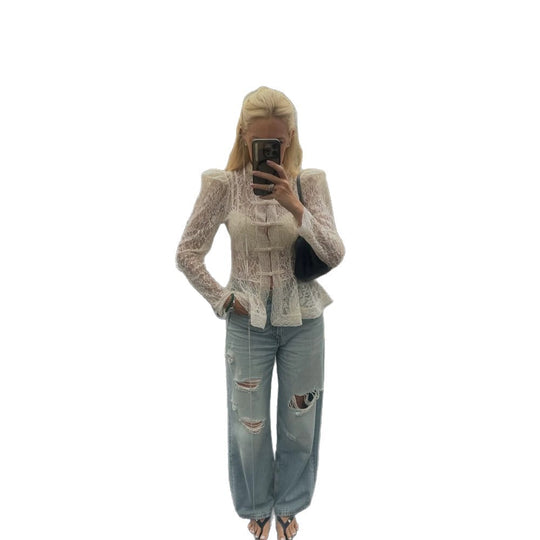 Damen Romantische Spitzenbluse im viktorianischen Stil mit Stehkragen, Knotenverschlüssen und Puffärmeln Shop Nory