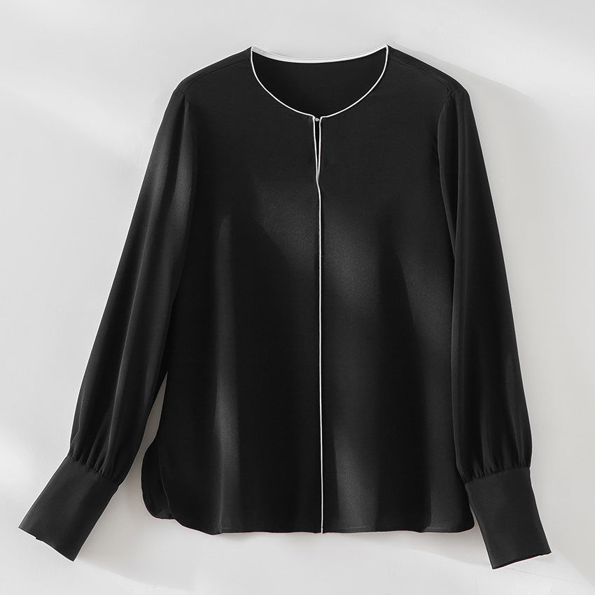 Damen Elegante seidenähnliche Bluse mit Kontrastpaspel und verlängerten Manschetten Shop Nory