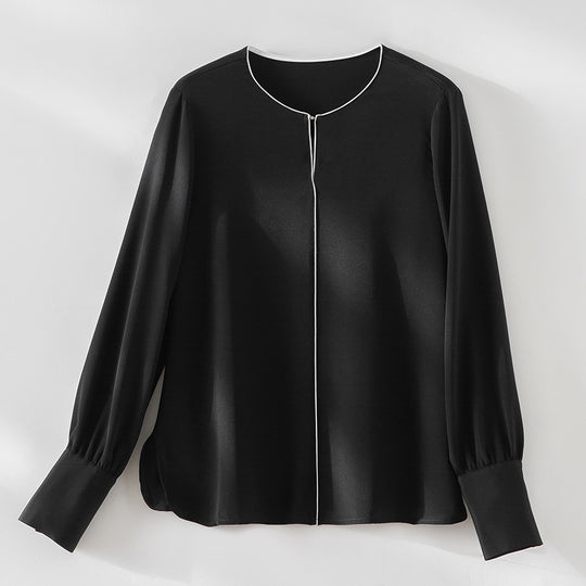 Damen Elegante seidenähnliche Bluse mit Kontrastpaspel und verlängerten Manschetten Shop Nory