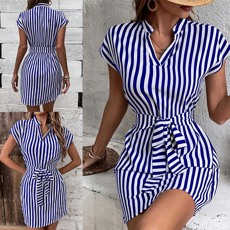 Damen Kurzarm Hemdkleid mit schmalem Taillengürtel