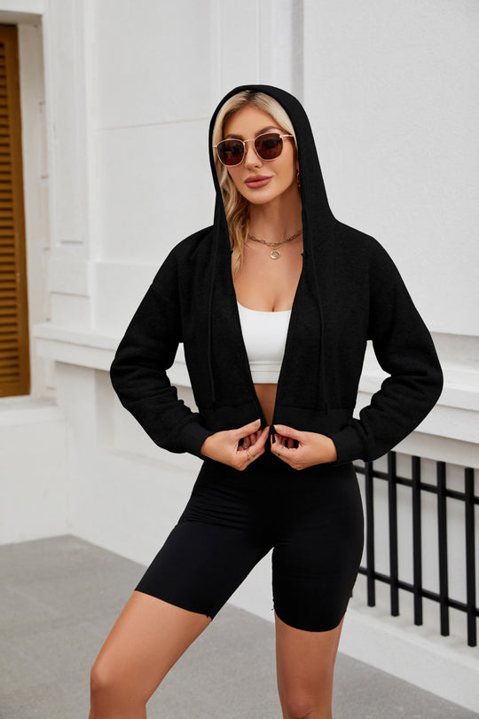 Damen Kurze Zip‑Hoodie Jacke mit Kapuze, Gummibund und Rippbündchen Shop Nory
