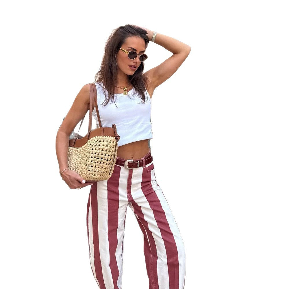 Damen Hochtaillierte gestreifte Leinenoptik Weite-Freizeithose mit Gürtelschlaufen Shop Nory