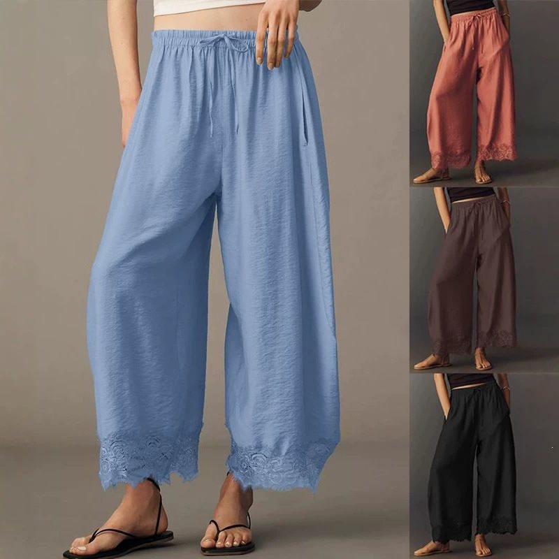 Damen Weite Palazzo-Hose mit elastischem Tunnelzugbund und Spitzenbesatz Shop Nory