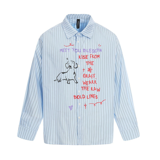 Damen Oversize-Hemdbluse mit Streifenstruktur und handgezeichnetem Grafikprint Shop Nory