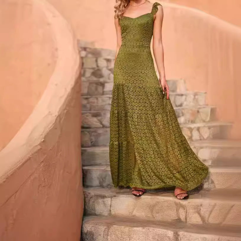 Damen Maxikleid mit exquisite Häkelstruktur und fließendem Rock