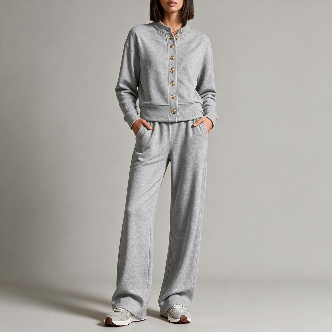 Damen Sweatjacke mit Druckknopfleiste, Stehkragen und weichem Lounge-Schnitt Shop Nory