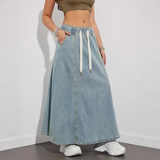 Damen Langer A-Linien Jeansrock mit elastischem Bund und Kordel Shop Nory