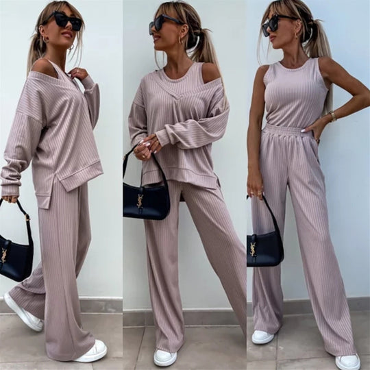 Damen lässiges Rippsweat-Lounge-Set mit Off-Shoulder-Sweatshirt und weit geschnittener High-Waist-Hose Shop Nory