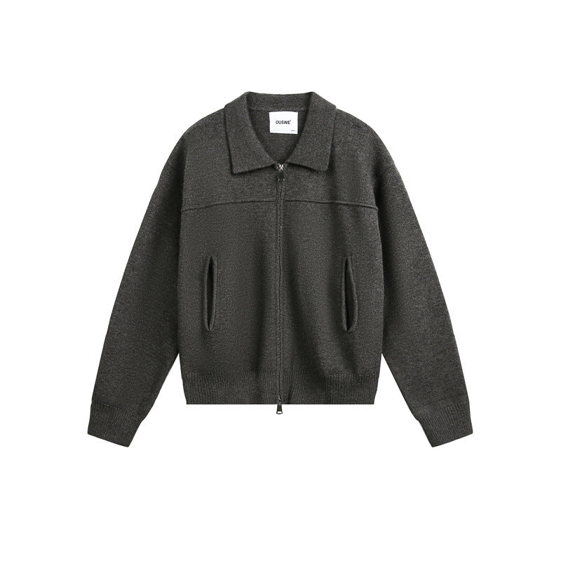 Herren Strick-Zipjacke mit Hemdkragen, Eingrifftaschen und geripptem Saum Shop Nory