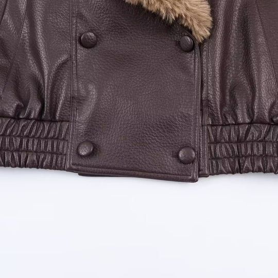 Damen Lederimitat Bomberjacke mit großem Kunstpelzkragen Shop Nory