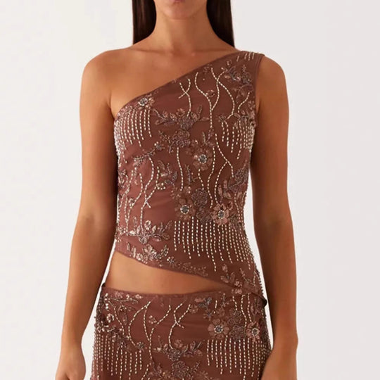 Damen asymmetrisches Oberteil mit floralem Strassdesign