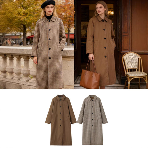 Damen langer minimalistischer Trenchcoat mit kariertem Innenfutter Shop Nory