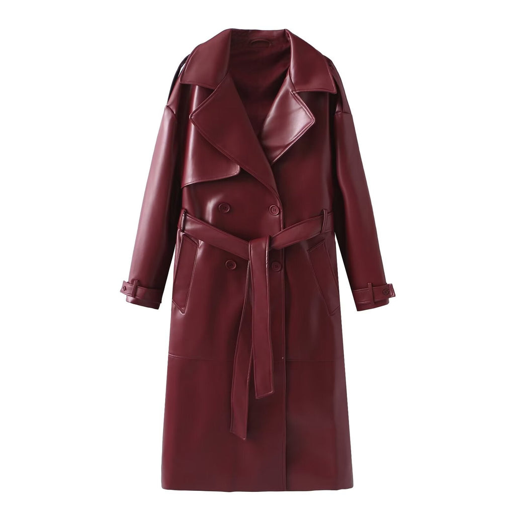 Damen Kunstleder-Trenchcoat mit modischem Schnitt und praktischen Taschen