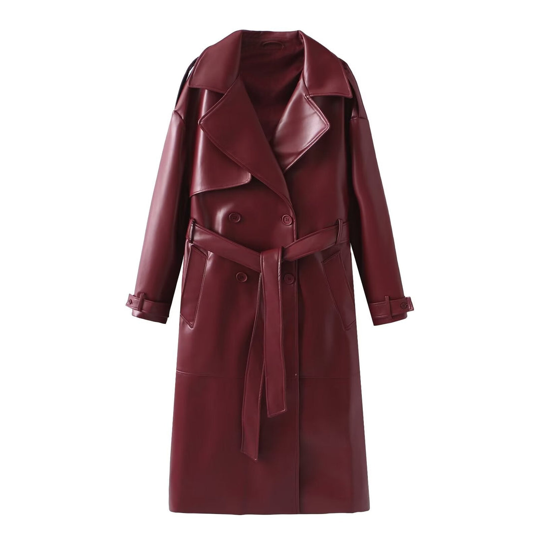 Damen Kunstleder-Trenchcoat mit modischem Schnitt und praktischen Taschen