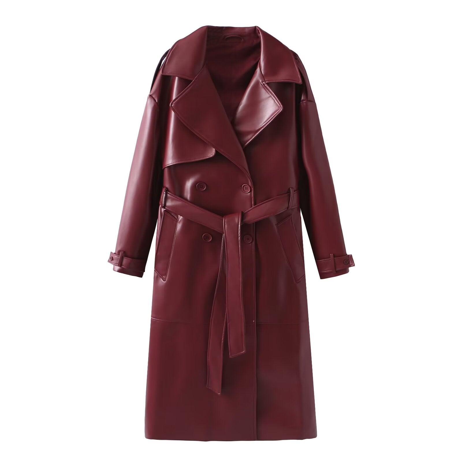 Damen Kunstleder-Trenchcoat mit modischem Schnitt und praktischen Taschen