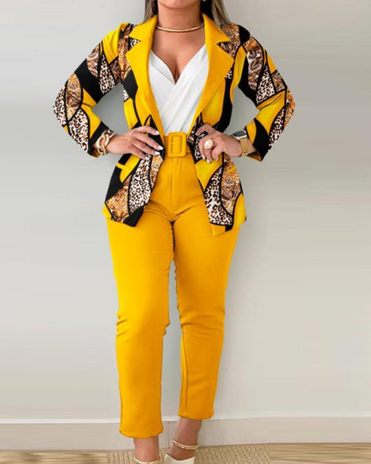 Damen Tailoring-Set mit Animal-Print-Revers, tailliertem Gürtelblazer und High‑Waist-Slimhose Shop Nory