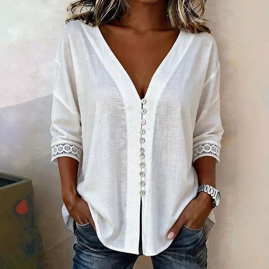 Damen Leichte V-Ausschnitt-Bluse mit Zierknopfleiste und Häkelspitzenärmeln Shop Nory