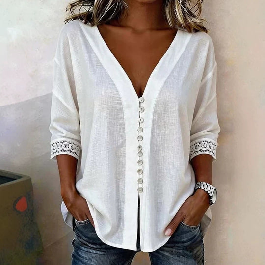 Damen Leichte V-Ausschnitt-Bluse mit Zierknopfleiste und Häkelspitzenärmeln Shop Nory