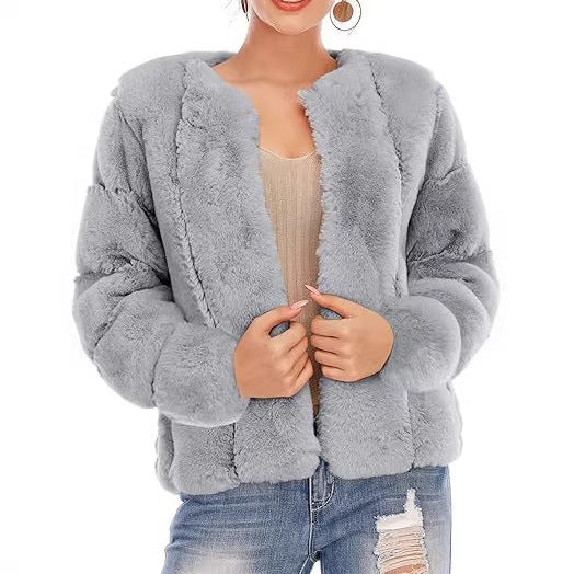 Damen Kurze Plüsch-Bomberjacke aus Kunstpelz mit kastiger Silhouette und Paneelärmeln Shop Nory