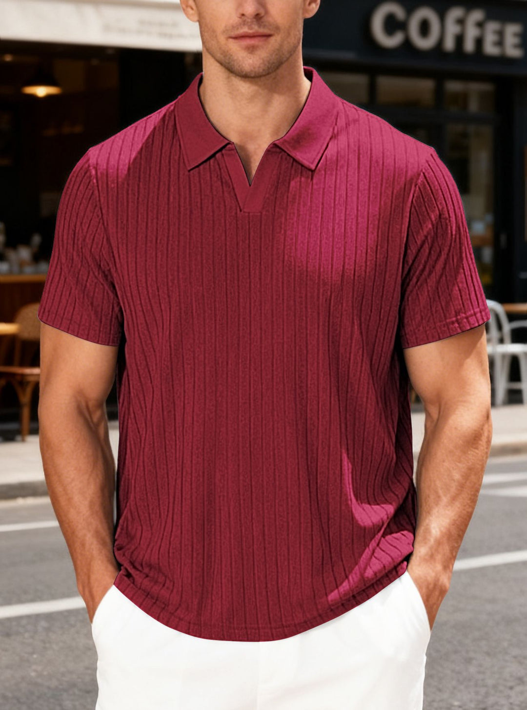 Herren Geripptes Kurzarm-Polohemd mit V-Ausschnitt und offener Kragenpartie Shop Nory
