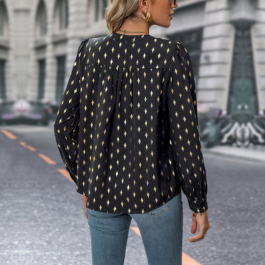 Damen Bedruckte Viskose-Bluse mit Rautendruck, Stehkragen und Ballonärmeln Shop Nory