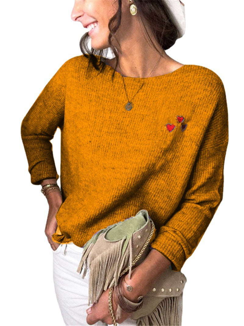 Damen Leichter Feinstrickpullover mit U-Boot-Ausschnitt, lockerem Sitz und Herzstickerei Shop Nory