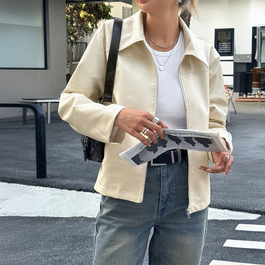 Damen nan elegante Kunstlederjacke mit Reißverschluss, Hemdkragen und Eingrifftaschen Shop Nory