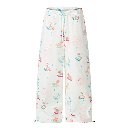 Damen Weite Palazzo-Loungehose mit Komfortbund, Kordelzug und verspieltem Schaukelpferd-Print Shop Nory