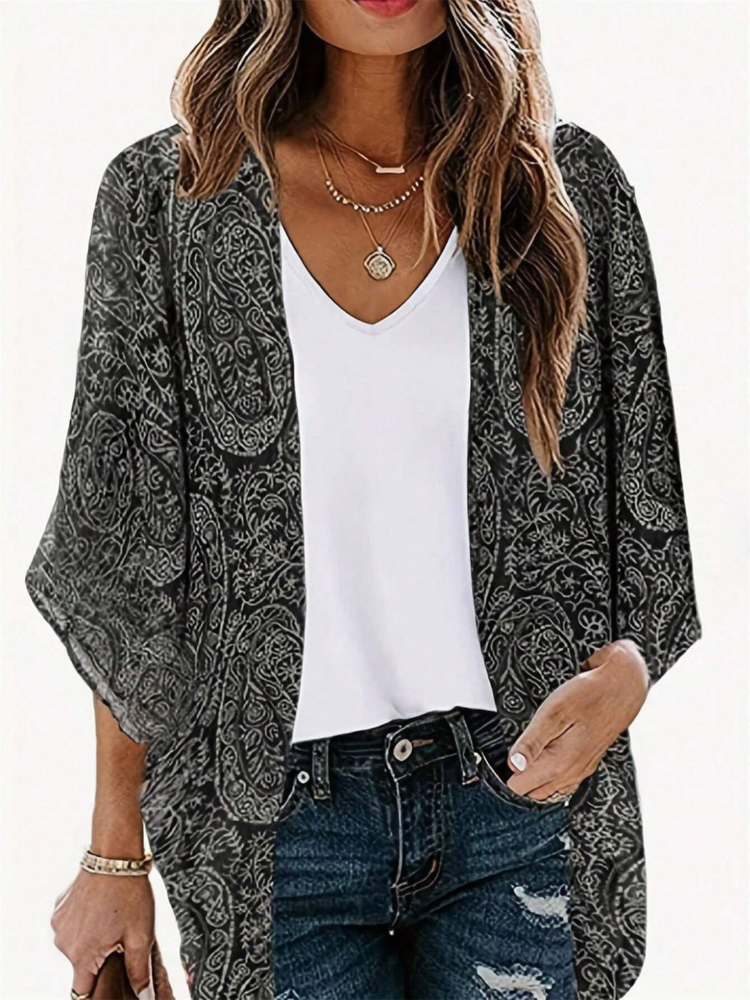 Damen Kimono-Jacke mit trendigem Muster und lockerem Schnitt