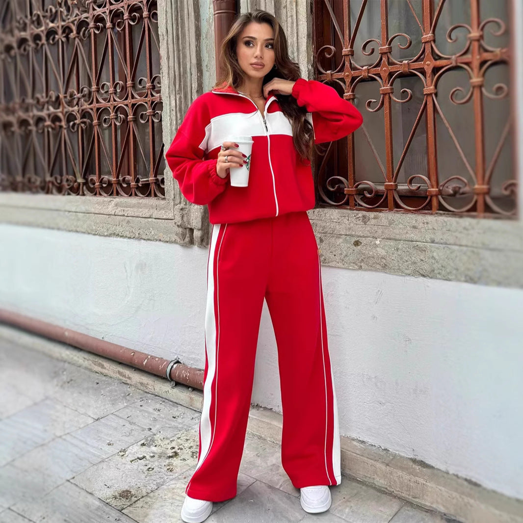 Damen Komfortables Campus-Lounge-Set mit kurzem Reißverschluss-Top und Seitenstreifen-Jogger Shop Nory