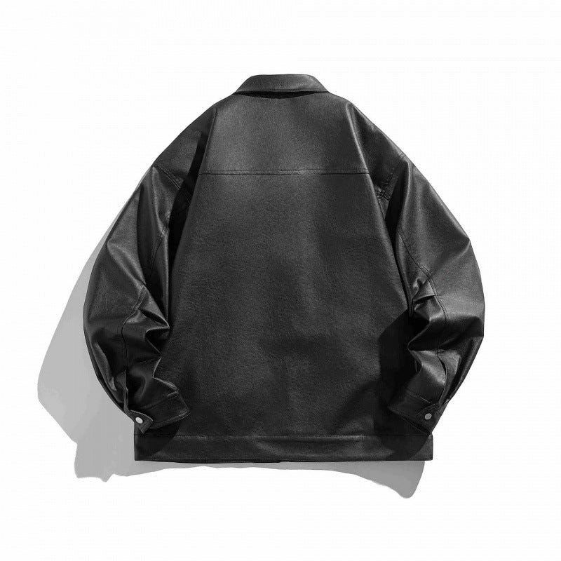 Unisex Boxy Kunstleder-Blousonjacke mit Hemdkragen, diagonalem Brustreißverschluss und Druckknopf-Saum Shop Nory
