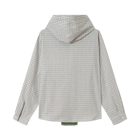 Damen Oversize Hemdjacke mit Kapuze, angenähtem Strickschal und Brustpatch Shop Nory