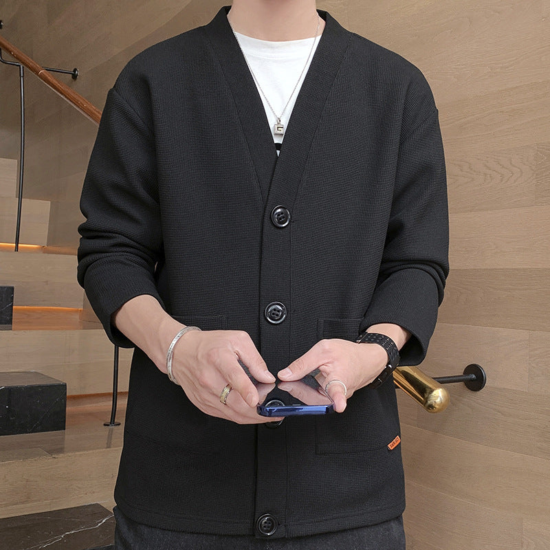 Herren Strukturierte Strickjacke mit V‑Ausschnitt, Dreiknopf‑Front und aufgesetzten Taschen Shop Nory