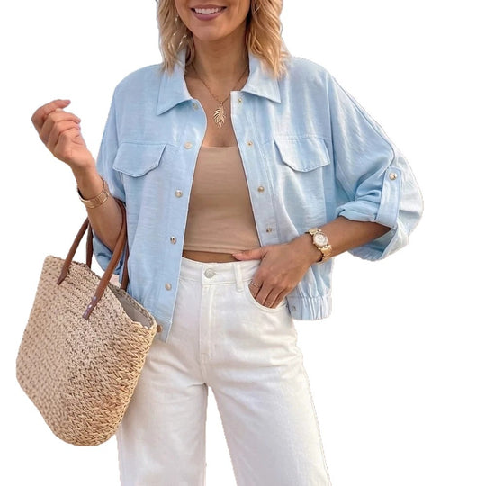 Damen Leichte Chambray-Boxy-Jacke mit Gummibund, Druckknöpfen und aufgesetzten Brusttaschen Shop Nory