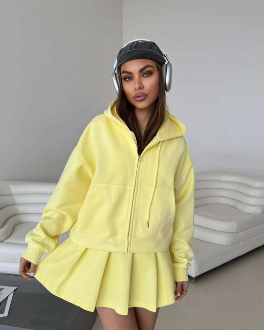Damen Kurzzip-Kapuzenjacke mit plissiertem Minirock-Lounge-Set Shop Nory