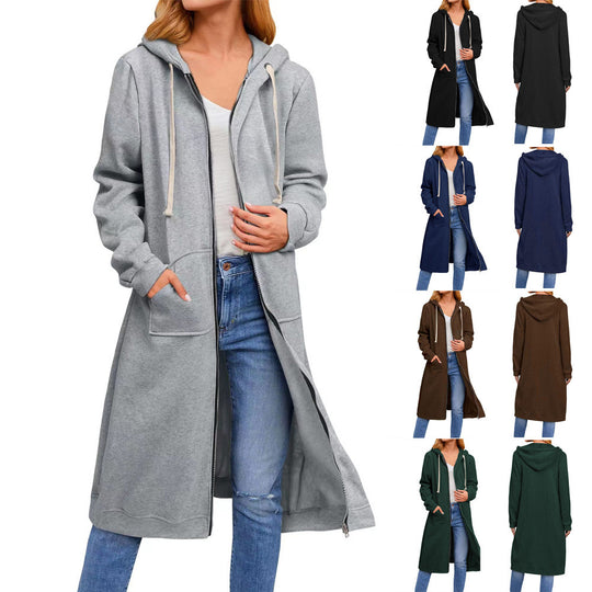 Damen Langer Kapuzen-Sweatmantel mit Zwei-Wege-Reißverschluss und Kängurutaschen Shop Nory