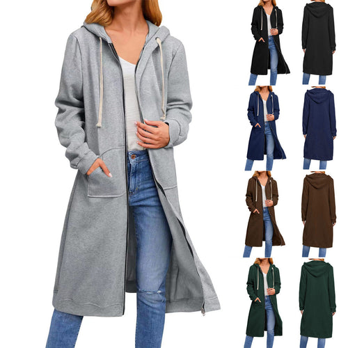 Damen Langer Kapuzen-Sweatmantel mit Zwei-Wege-Reißverschluss und Kängurutaschen Shop Nory
