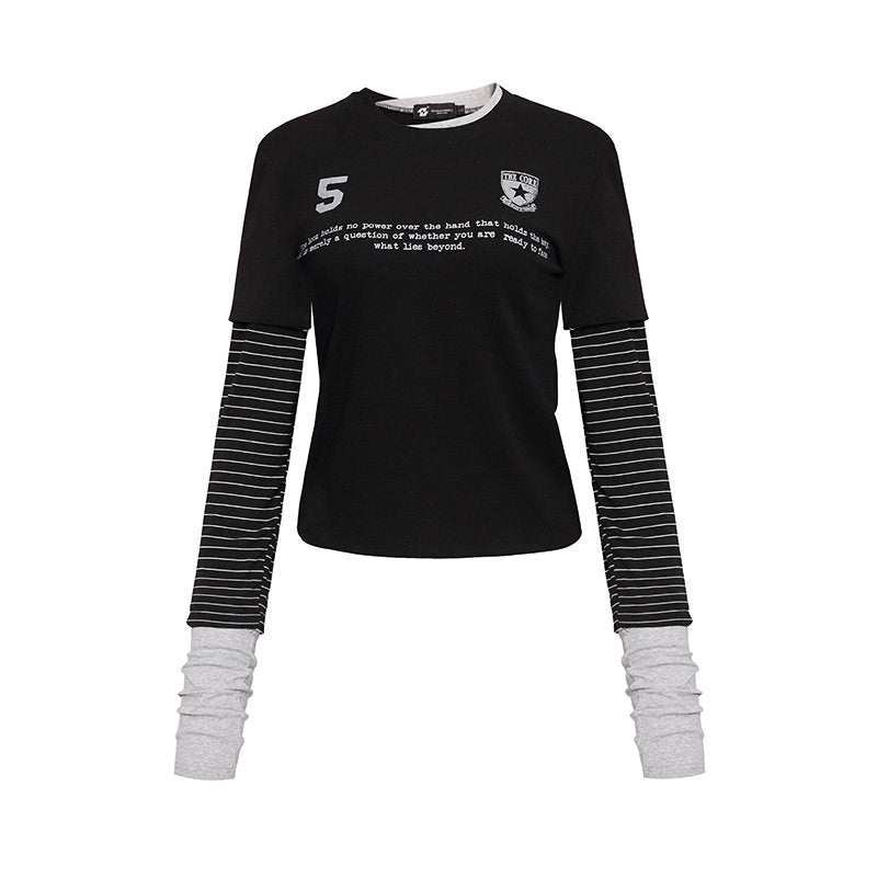 Damen Lagenlook-Langarmshirt mit gestreiften Einsatzärmeln und Badge Shop Nory