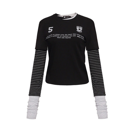 Damen Lagenlook-Langarmshirt mit gestreiften Einsatzärmeln und Badge Shop Nory