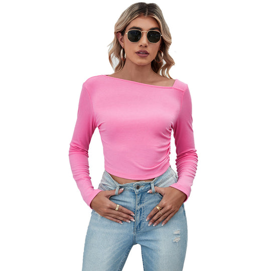 Damen figurbetontes geripptes Langarm-Cropped-Top mit asymmetrischer Schulterlinie und taillierter Stretch-Passform Shop Nory